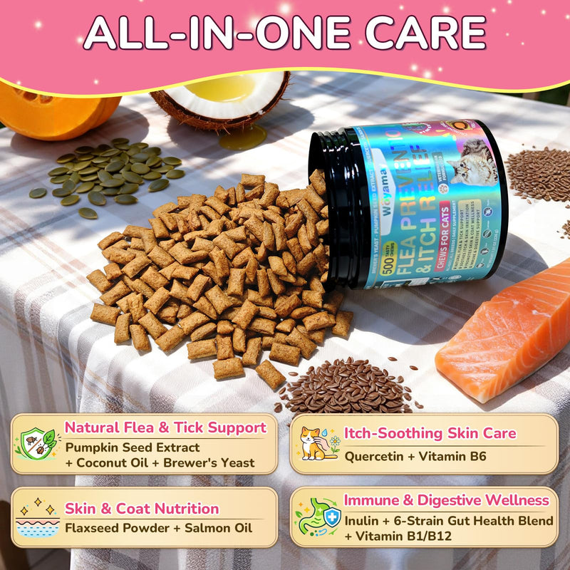 Woyamay Flea Treatment for Cats & Itch Relief Chews, 500 Crunchy Cat Flea Treatment Chews, Cat Itchy Skin Relief, Cat Itching Relief & Skin Care, Flea Prevention for Cats, Chicken Flavor