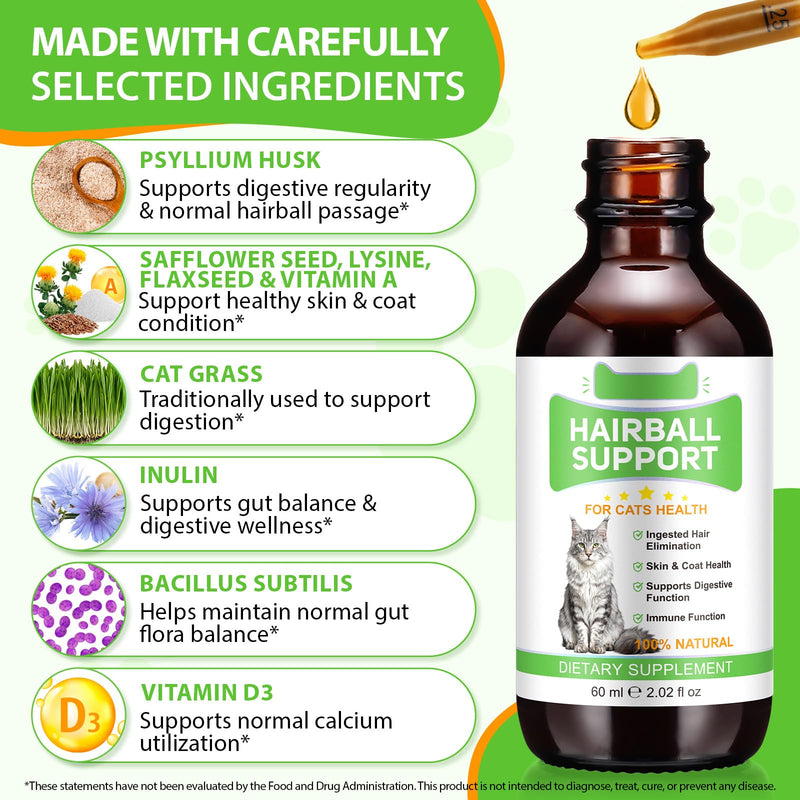 Hairball Treatment for Cats,Cat Hairball Remedy Drops - Natural Ingredients Formula | Supports Healthy Digestion,Skin & Coat for All Ages & Breeds