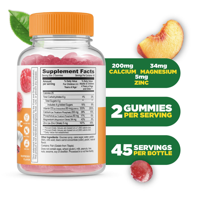 Lifeable Kids Calcium Magnesium Zinc Gummies | Calcium with Vitamin D3 | Great Tasting Calcium Supplements for Kids | Calcium Gummies for Bone Health | 90 Gummies