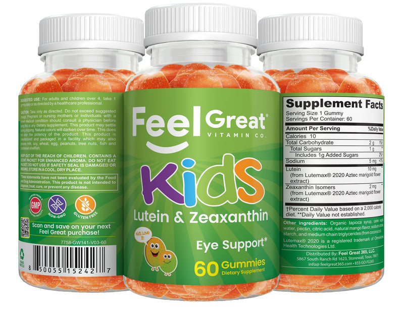 Feel Great Kids Gummy Vitamins for Eyes | Essential Eye Vitamins Lutein and Zeaxanthin | Mango Flavored Vegan Eye Vitamins for Kids | Gluten Free | 60 Day Supply