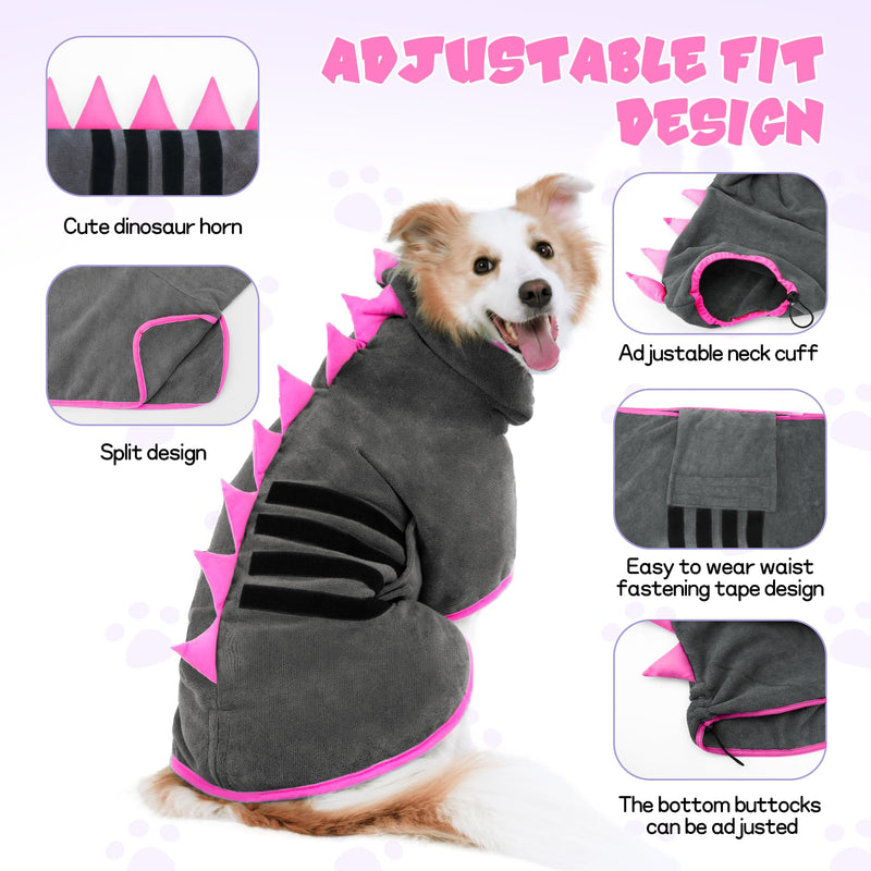 HezzLuv Dog Bathrobe Microfiber with Dinosaur Horn, Adjustable Dog Towel Extra Absorbent for Medium & Large Dogs, Easy to Put On Bathrobe for Dogs, Quick Drying (Grey Rose, M) Gray Rose - BeesActive Australia