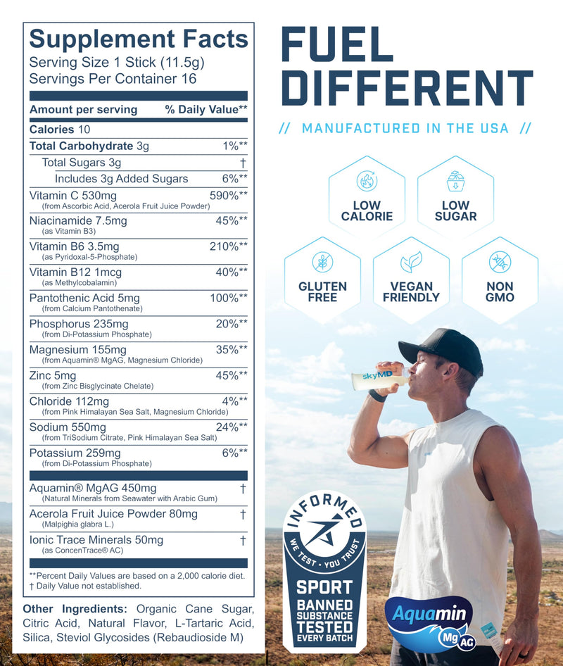 SkyMD Daily Hydration | Electrolytes Powder Packets | Low Sugar, 10 Calories | 12 Vitamins & Minerals, Sodium | Drink Mix for Energy and Recovery | Passion Fruit | 32 Sticks 32 Count