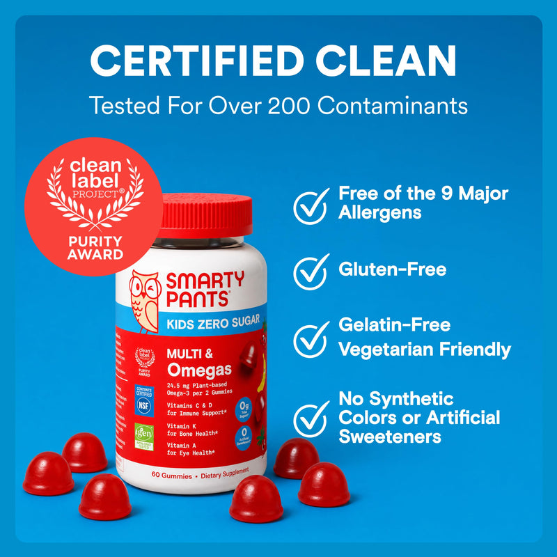 SmartyPants Kids Zero Sugar Multi & Omegas Multivitamin Gummies with Omega 3 ALA, Vitamins D, C, A, Plant-Based, Clean Label, No Sugar Alcohols, Strawberry Banana Flavor, 60 Gummies (30 Day Supply) 60 Count (Pack of 1)