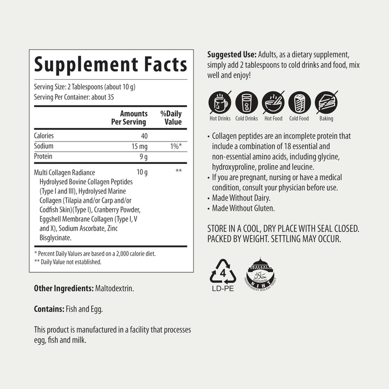 The Harvest Table Multi Collagen Radiance for Women — 29 Servings, Types I III V X, Vitamin C, Zinc & Cranberry, Grass Fed Bovine Marine & Eggshell, Halal Certified, Skin Hair Nails — 12.35 oz (350g)
