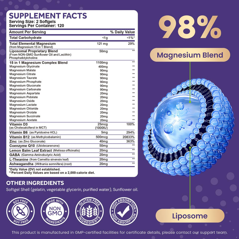 25 in 1 Liposomal Magnesium Complex Contains Magnesium Glycinate, Citrate, Malate & More with D3, B6, Zinc, L-Theanine, Ashwagandha & CoQ10 Supports Muscle, Sleep, Nerves & Stress Relief, 240 Softgels 240 Count (Pack of 1)