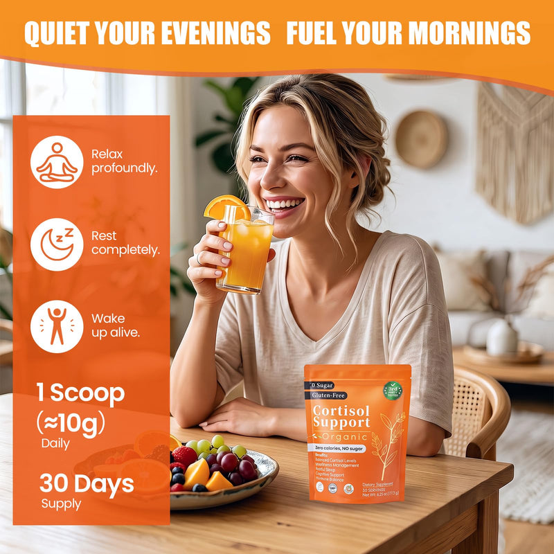 Cortisol Reducer Drink Mix Powder, Refreshing Orange Supplement with Ashwagandha, Magnesium Glycinate & L-Theanine for Calm, Focus Stress Response Support Bulk Resealable Bag with Scoop (60 Servings)
