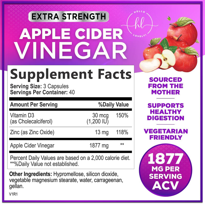 Apple Cider Vinegar 1877mg Per Serving - Extra Strength ACV Pills with Vitamin D3 - Non-GMO Apple Vinegar Supplement Capsules Sourced from The Mother for Digestion & Immune Support - 120 Capsules 120 Count (Pack of 1)