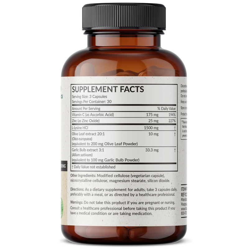 Futurebiotics L-Lysine Defense Immune Support Complex 1500 MG Per Serving with Vitamin C, Zinc, Olive Leaf & Garlic - Non-GMO, 90 Vegetarian Capsules 90 Count (Pack of 1)