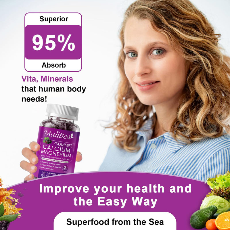 Plant Based Calcium Supplement with Vitamin D3,K2 Gummy for Bone Strength, Contains Whole Food Natural Minerals-Bone Health, Calm Mood & Sleep Support for Women & Men (2 Pack)