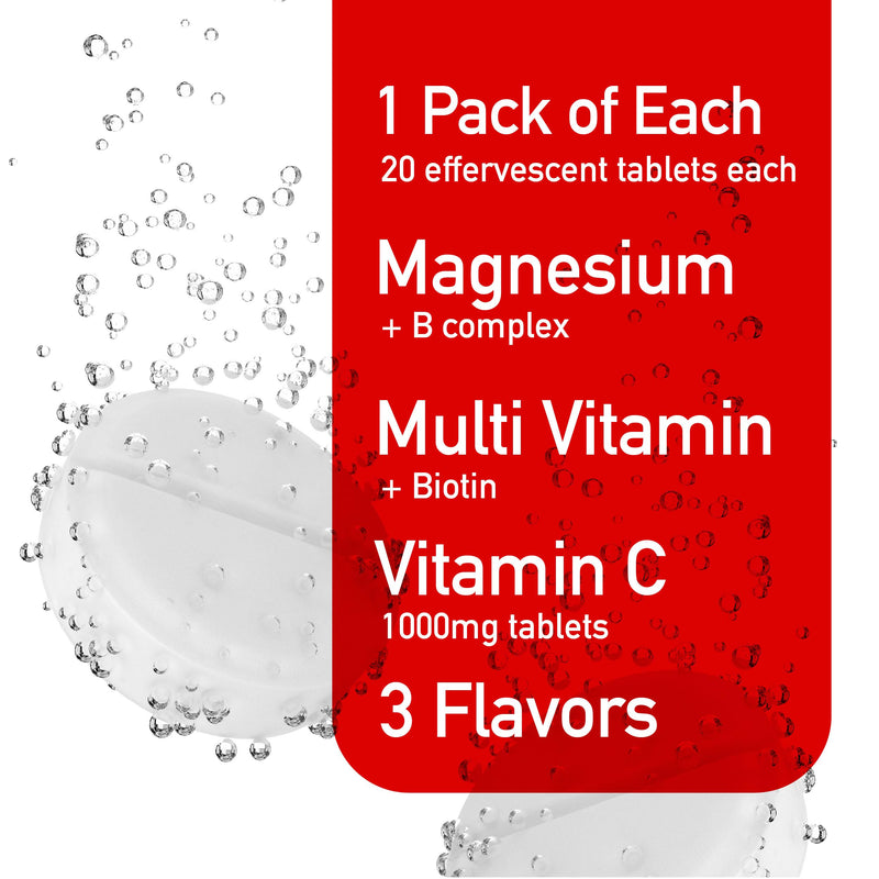 Effervescent Variety Pack with Vitamin C 1000mg, Magnesium + B Complex, Multivitamin + Biotin, 3-Pack, 60 Tablets 20 Count (Pack of 3)