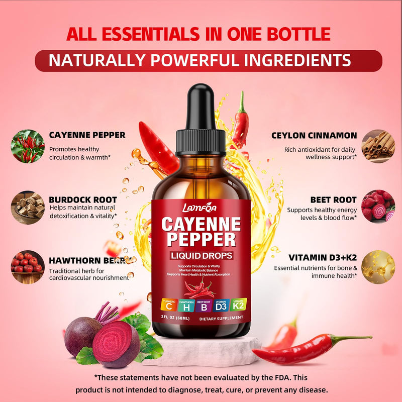 Cayenne Pepper Drops with Hawthorn, Turmeric Curcumin, Beet Root, Vitamins D3 & K2 - Vegan, Fast-Absorbing Supplement - 2 Fl Oz