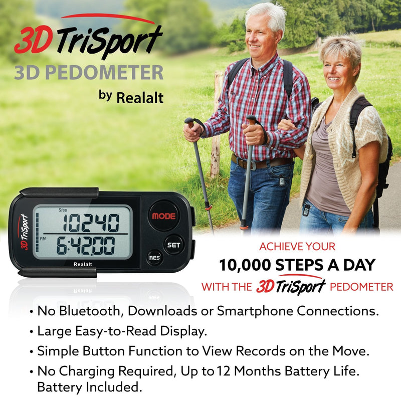 Realalt 3DTriSport 3D Walking Pedometer with Clip & Strap, Accurate Step Counter with 30-Day Memory, Distance in Miles/KM with Large Display Perfect for Seniors & Beginners, eBook Included One Size Stealth Black