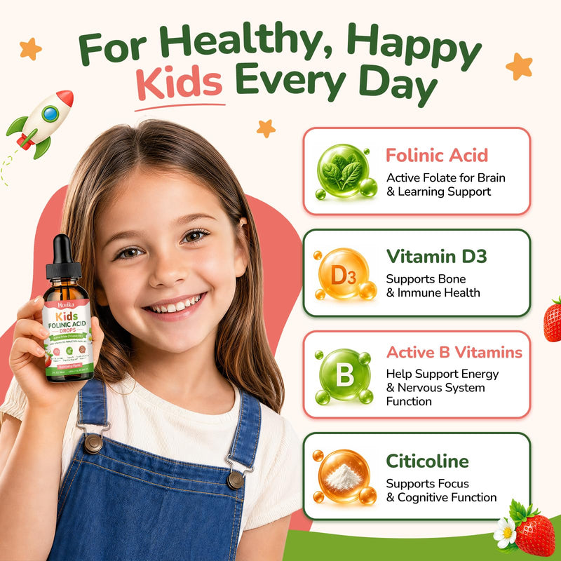 Kids Folinic Acid Drops with Active Folate, Folic Acid Alternative for Kids, Citicoline, Dual Active B12, Vitamin D3, P5P B6 & R5P B2, Brain, Learning, Focus & Mood Support, Strawberry, 2 Fl Oz