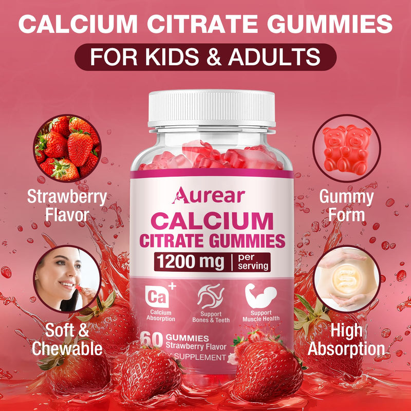 2Pack Calcium Citrate Gummies, 1200mg Chewable Calcium Supplement for Men & Women, Muscle & Bone Support, Strawberry Flavor, 120 Count 60 Count (Pack of 2)