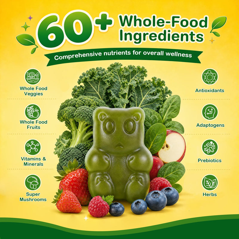 Greens Daily Gummies for Kids, Sugar Free Super Greens Gummies Kids Superfood Multivitamin Gummies with Fruits, Veggies, Alfalfa, Spirulina, Adaptogens, Prebiotic Fiber for Digestive Health, 90 Count