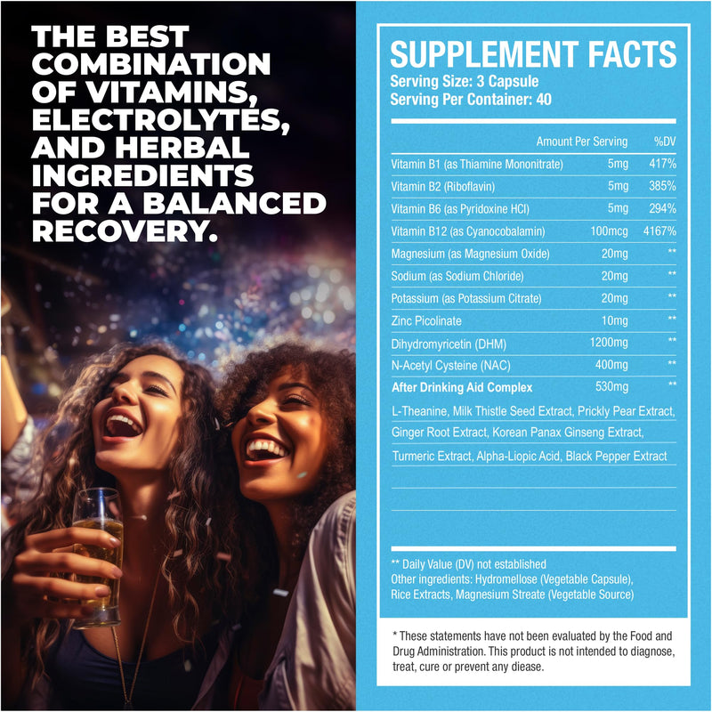 After Drinking Aid Supplement Pre Game Party Pills Electrolytes Hydration DHM Milk Thistle Weekend Recovery Vitamins Relief Formula Better Mornings Alcohol Liver Health Support 120 Capsules