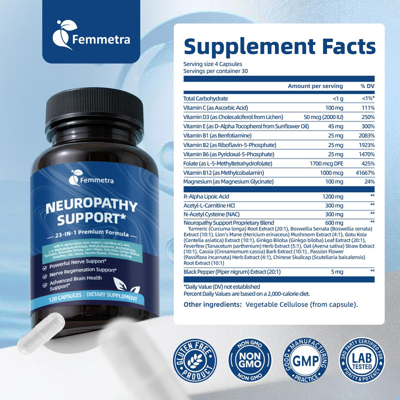 Nerve & Peripheral Neuropathy Support Supplement 1200mg R-Alpha Lipoic Acid | R-ALA L-Carnitine Vitamin B12 B1 B6 D3 E Folate Lions Mane NAC Magnesium Turmeric - Liver Detox, Antioxidant & Mental Support 120 Count (Pack of 1)