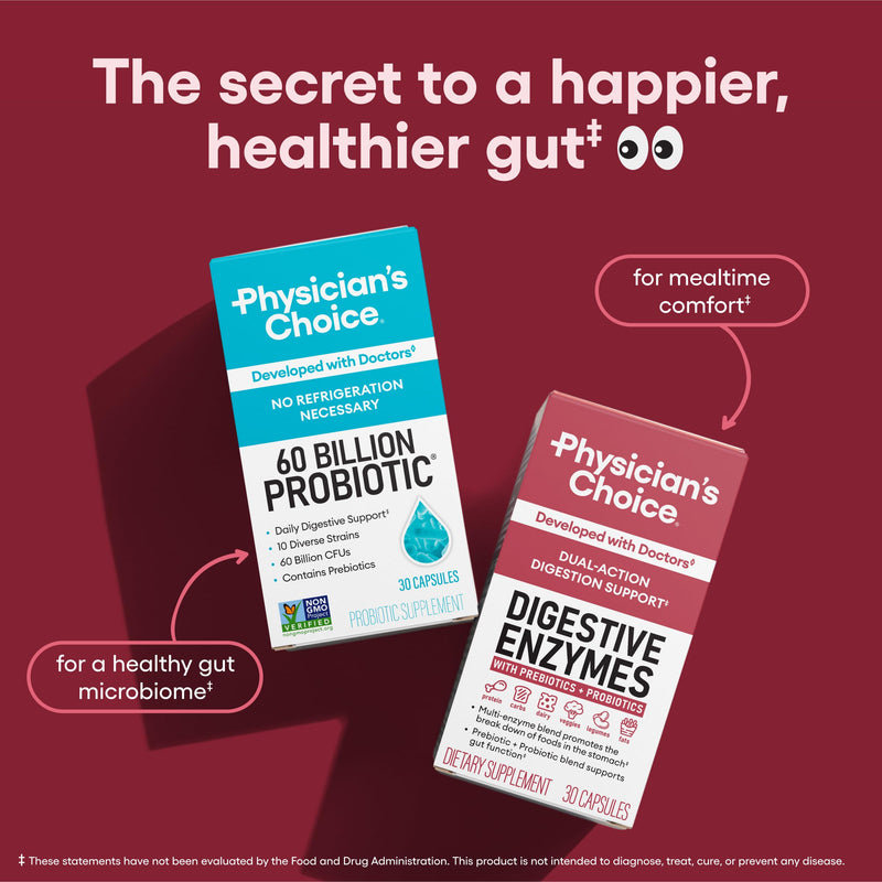 Physician's CHOICE Digestive Enzymes - Multi Enzymes, Organic Prebiotics & Probiotics for Digestive Health & Gut Health - Meal Time Discomfort Relief & Bloating - Dual Action Approach - 60 CT 60 Count (Pack of 1) - BeesActive Australia