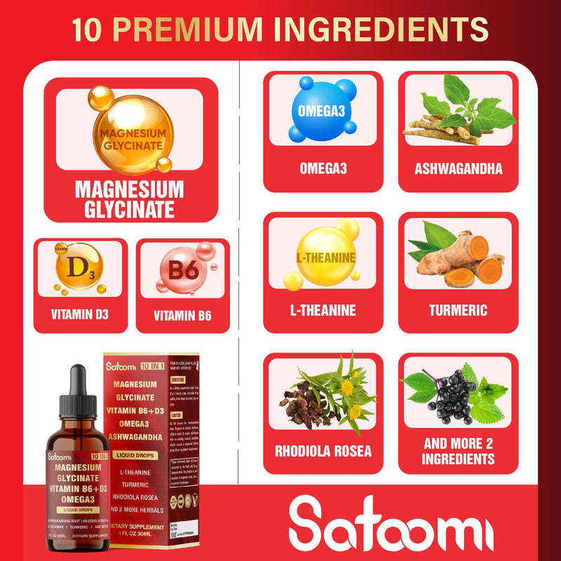 10in1 Magnesium Glycinate Liquid Drops – Magnesium Complex Supplement with Omega3, Vitamin D3, Vitamin B6, Ashwagandha and More - Supports Overall Wellness - 1 FL Oz - 1 Month Supply