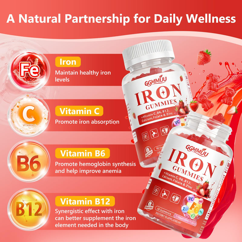Sugar Free Iron Gummies for Energy Support, 60 Count | Formulated with Folate, Zinc, Vitamin C, B12 & B6, Vegan Supplement, Gentle on Stomach, Strawberry Flavor 60 Count (Pack of 1)