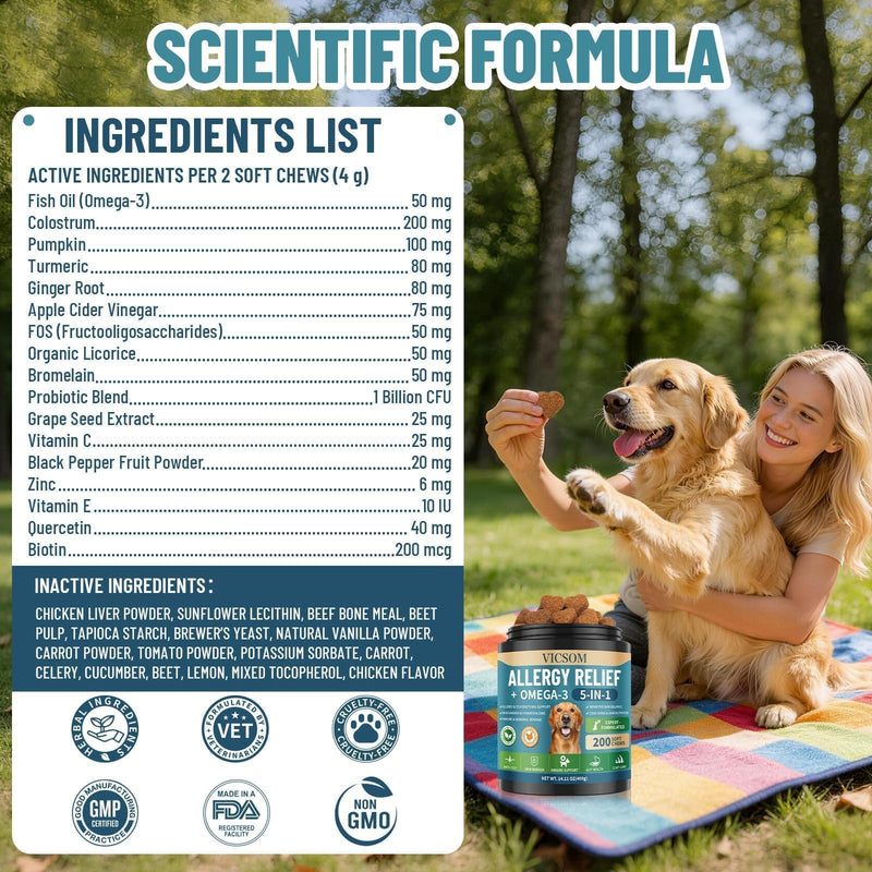 Advanced Dog Allergy Relief Bundle – Probiotic Allergy Chews (200) + Omega 3 Anti-Itch Chews (200), Dog Allergy Relief for Itchy Skin, Ears, Paws, Gut & Immune Support, Chicken Flavor