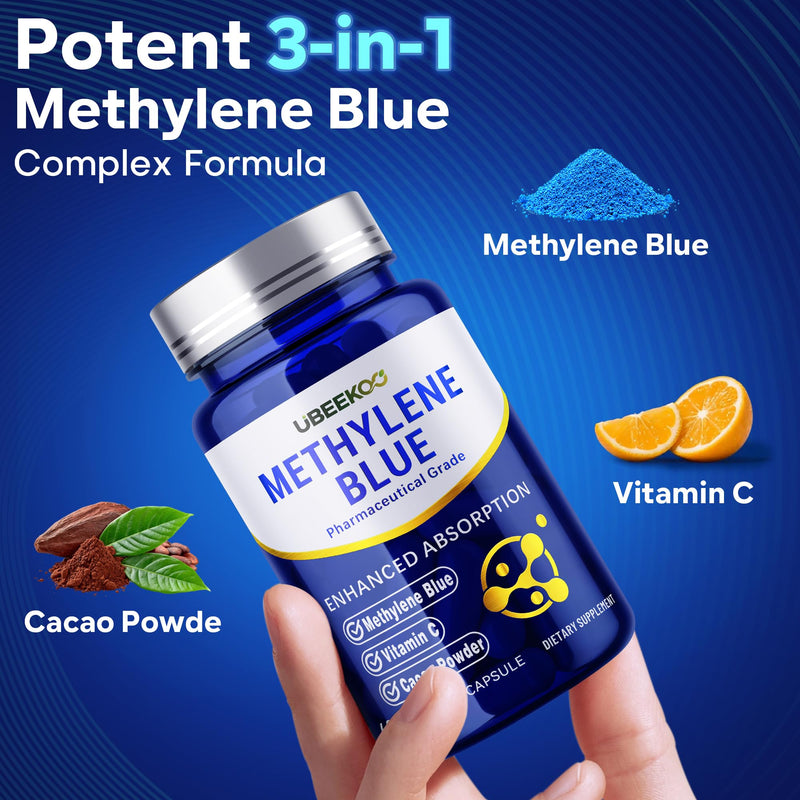Methylene Blue Capsules, 30mg Pharma Grade, 60 Vegan Capsules | 30mg Pharmaceutical Grade Methylene Blue with Vitamin C & Organic Cacao for Daily Wellness, Cellular & Cognitive Support