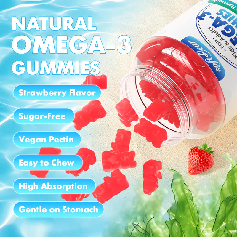 softbear Omega 3 Gummies for Women & Men & Kids Omega 3 Supplements 1200mg Vegan Omega 3 Fatty Acids DHA EPA with Vitamins Support Eye & Brain Health, Sugar Free, Strawberry Flavor 120 Count 60 Count (Pack of 2)