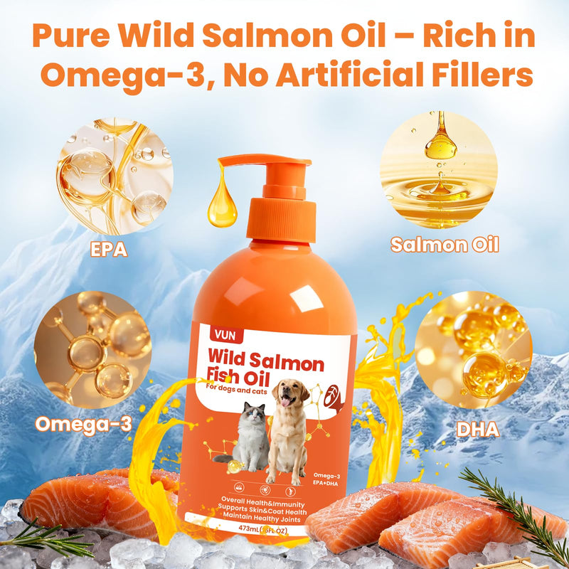 VUN Salmon Fish Oil for Dogs & Cats,Unflavored Omega 3 Oil Supplement for Itchy Dry Skin,Allergy Relief,Joints&Paws,Brain,Eyes&Heart Treatment,Wild Liquid Fish Oil by Pump with EPA DHA–16 oz