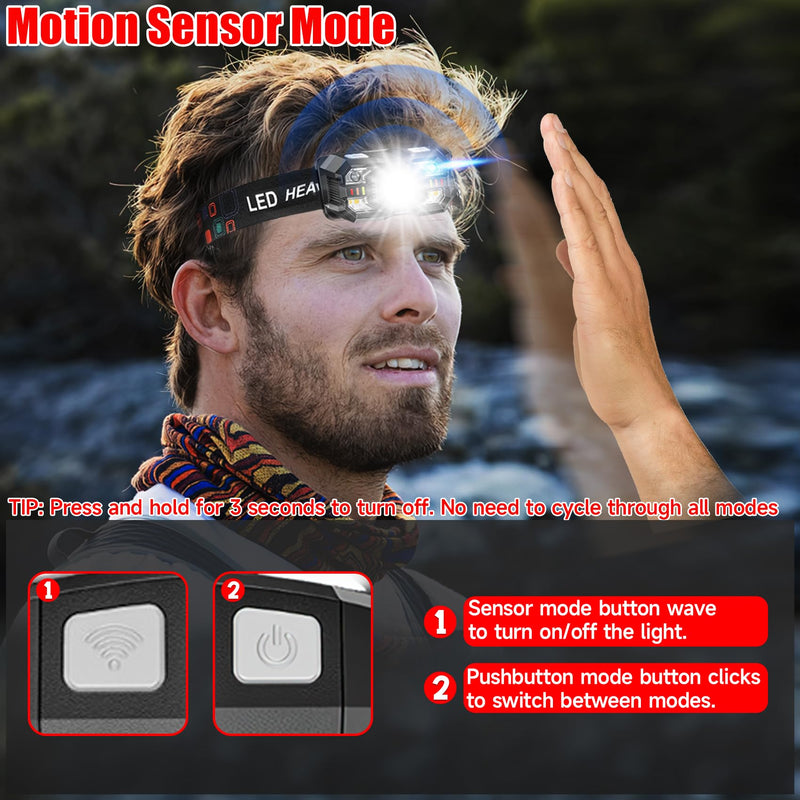 Headlamp Rechargeable 6Pack, 3000 Lumen Ultra-Light Bright Headlamp Flashlight with White Red Light, LED Headlight Motion Sensor, 5+5 Mode for Outdoor Camping Fishing Running Hiking (6) 6