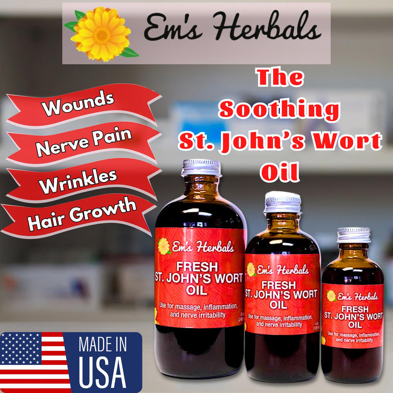 Em's Herbals Fresh St. John’s Wort Oil - Wild Harvested in USA, Natural Solution for Nerve Discomfort, Skin Eruptions, Wound Care, Scar, and Stretch Marks - Skin, Face, Body, Hair, Massage Oil (4 Oz) 4 Fl Oz (Pack of 1) - BeesActive Australia