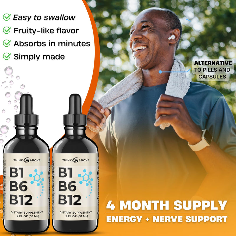 Think Above B1 B6 B12 Vitamin Liquid Drops - Nerve, Energy, Brain Support Supplement - Fruity-Like Flavor - Methylcobalamin, Thiamine, Pyridoxine (2) 2