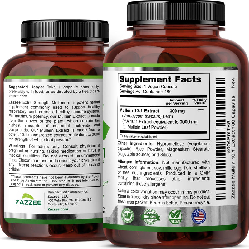 Zazzee Extra Strength Mullein Leaf 10:1 Extract, 180 Vegan Capsules | 6 Month Supply, Respiratory & Lung Support, Certified Kosher, 100% Pure Leaf Powder, Verbascum Thapsus, Non-GMO, Made in USA 180 Count