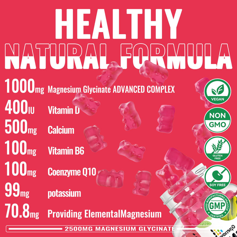 Magnesium Glycinate Gummies 2500mg - Sugar Free Magnesium Potassium Supplement with Vitamin D, B6, CoQ10 for Calm Mood & Sleep Support - 90 Watermelon Gummies 90 Count (Pack of 1)