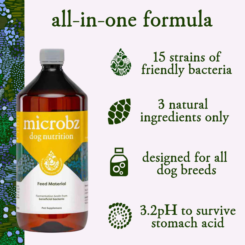 MICROBZ DOG NUTRITION | 1 Litre | Liquid Beneficial Microbes for Dogs Gut Health, Digestive Care & Coat Health – Gluten & Dairy Free, 100% Natural - Up to 100 Servings