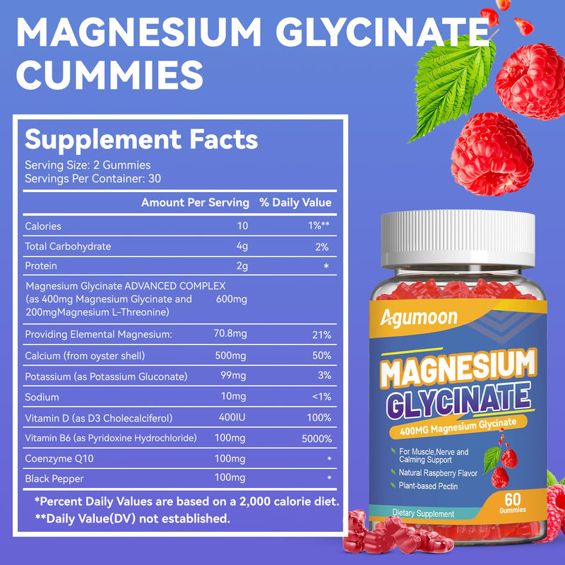Magnesium Glycinate Gummies 400mg with L-Threonate 200mg, 60 Count | Calcium, Potassium, Vitamins D & B6, CoQ10 - High Absorption for Stress Relief & Muscle Relaxation,Non-GMO, Raspberry Flavor 60 Count (Pack of 1)