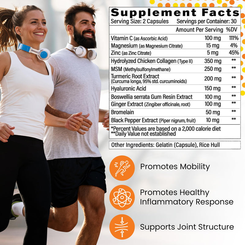 Enhanced Joint Relief Formula - Collagen, Turmeric, Vitamin C, Magnesium for Knee, Hip, Bone, Muscle, Tendon & Carpal Tunnel Mobility - Daily Vitamins for Joint Health, 60 Capsules