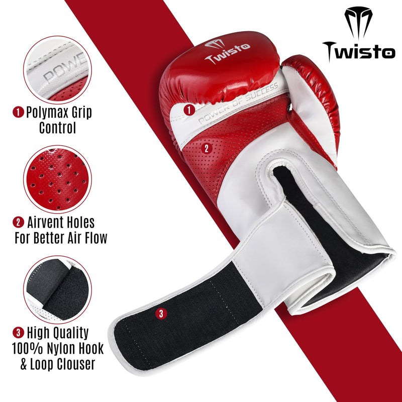 Twisto Boxing Gloves – Professional Training & Sparring Gloves for Men & Women – Muay Thai, MMA, Kickboxing, Heavy Bag, Gym Workout – Premium PU Leather with Wrist Support – 10oz 12oz 14oz 16oz 10 oz Red / White