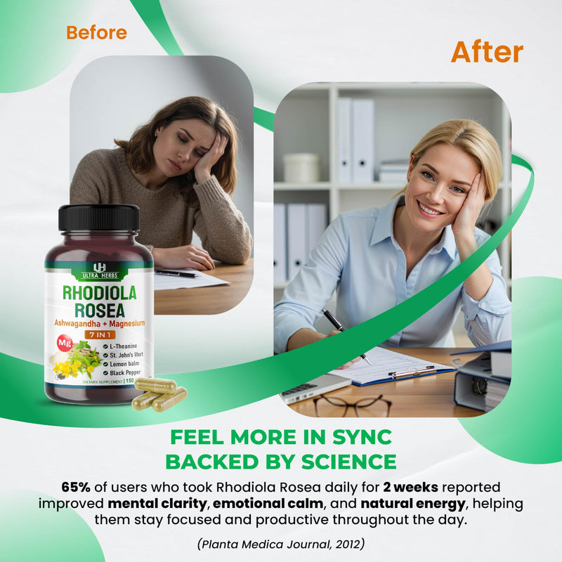 Rhodiola Rosea Supplement Enriched with Ashwagandha, Magnesium, L-Theanine, St. John's Wort, Lemon Balm - Support Mood, Sleeps Quality, and Mental Focus | 150 Capsules 150 count (pack of 1) - BeesActive Australia