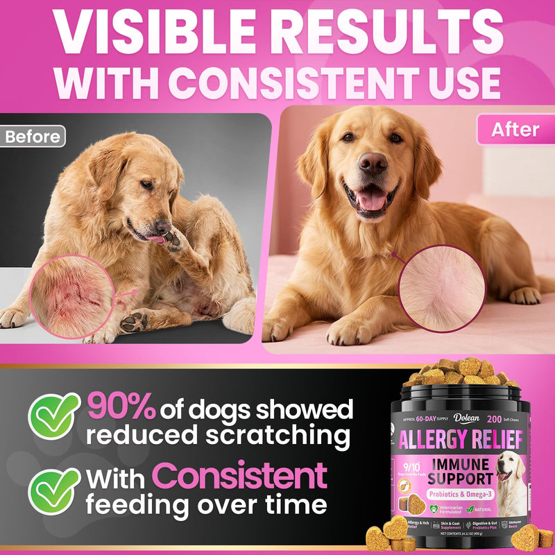 Dog Allergy Chews, Dog Allergy Relief for Itching Skin, Paw Licking, Yeast Relief, Hot Spots, Itchy Ears & Seasonal Allergies, Immune Support– with Colostrum, Probiotics – Chicken Flavor (200ct)