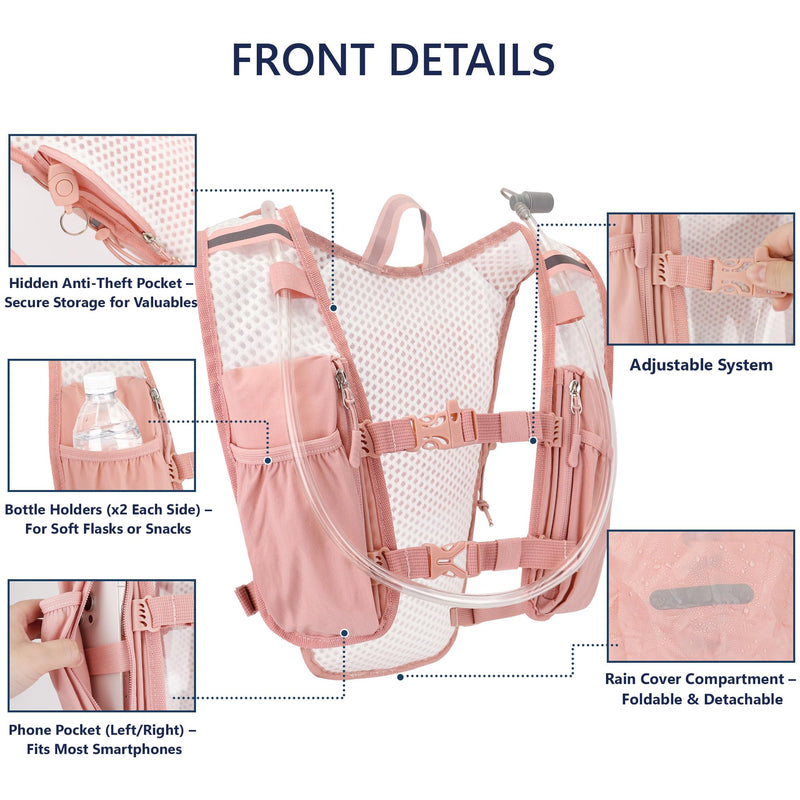 Zavothy Hydration Running Vest for Men & Women – Lightweight 1.5L Hydration Pack with Phone Pockets, Water Bottle Holders, Reflective Strips, Rain Cover – Trail Running, Cycling, Marathon Pink 1.5L Bladder