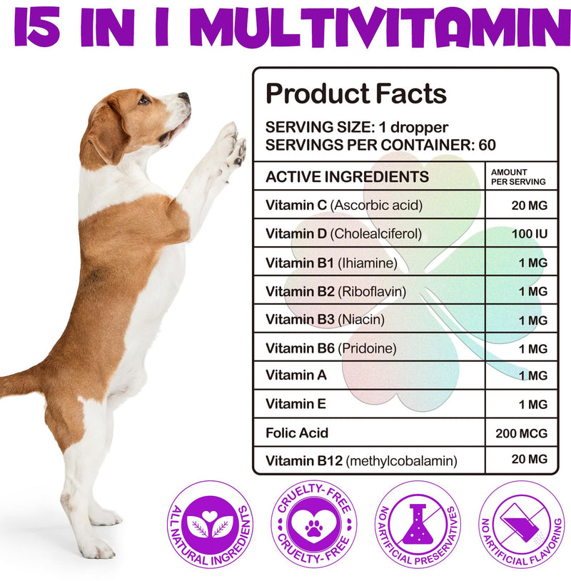 Dog Multivitamin, 15 in 1 Multivitamin for Dogs, Dog Vitamins Liquid Supplements Drops for Hip & Joint, Skin & Coat, Immune, With Glucosamine and MSM