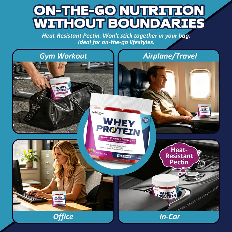 3-in-1 Whey Protein Gummies: 10g Isolate, Creatine & Electrolytes | Power, Recovery, Hydration, 0 Sugar Keto Pre Post Workout for Men & Women, Energy Boost On-the-Go Fitness, 120 Count