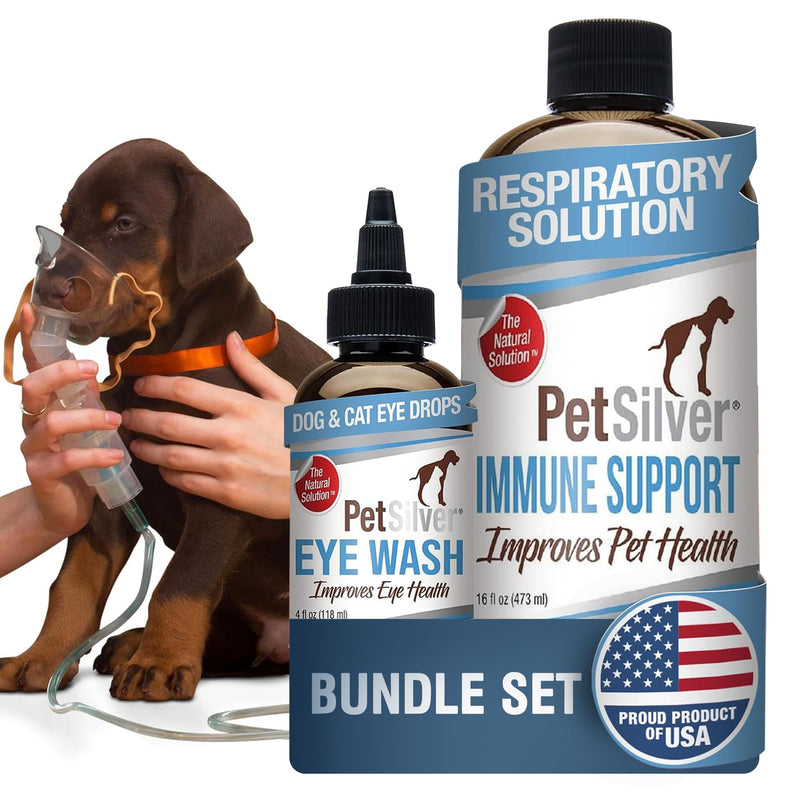 PetSilver - Immune Support (16 fl oz) and Eye Wash (4 fl oz) with Patented Chelated Silver - Allergies, Sinus & Cough Treatment - Eye Cleaner & Tear Stain Remover for Cats and Dogs - Made in USA
