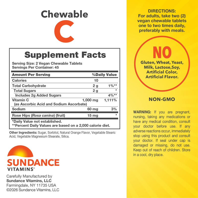 Sundance Chewable Vitamin C 1000mg | 90 Tablets | Natural Orange Flavor | Vegan, Non-GMO & Gluten Free Supplement