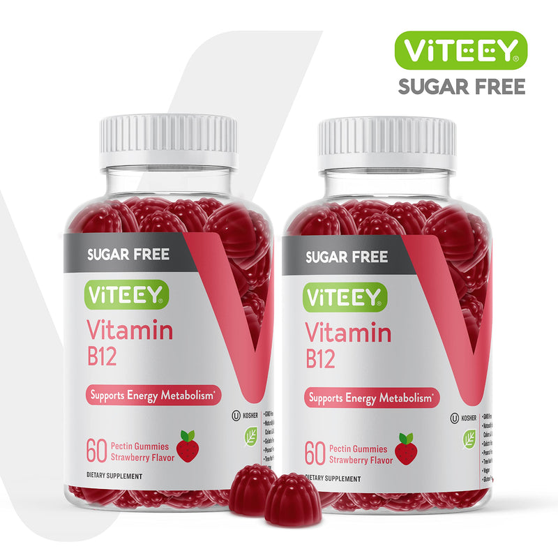 Viteey Vitamin B12 Gummies for Adults & Teens 1000mcg, Sugar Free | Good for Energy, Metabolism, Natural Energy Support -Vegan, Gelatin Free, Gluten Free, GMO Free -Chewable Strawberry Flavored 60 Count (Pack of 2)