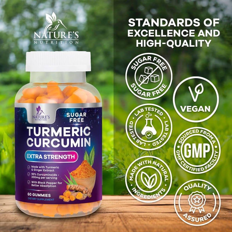 Turmeric Curcumin Gummies Sugar Free Supplement - 95% Curcuminoids with Turmeric & Ginger, Black Pepper for Best Absorption, Nature's Vegan Joint Support, Non-GMO, Tasty Peach Flavor - 60 Gummies