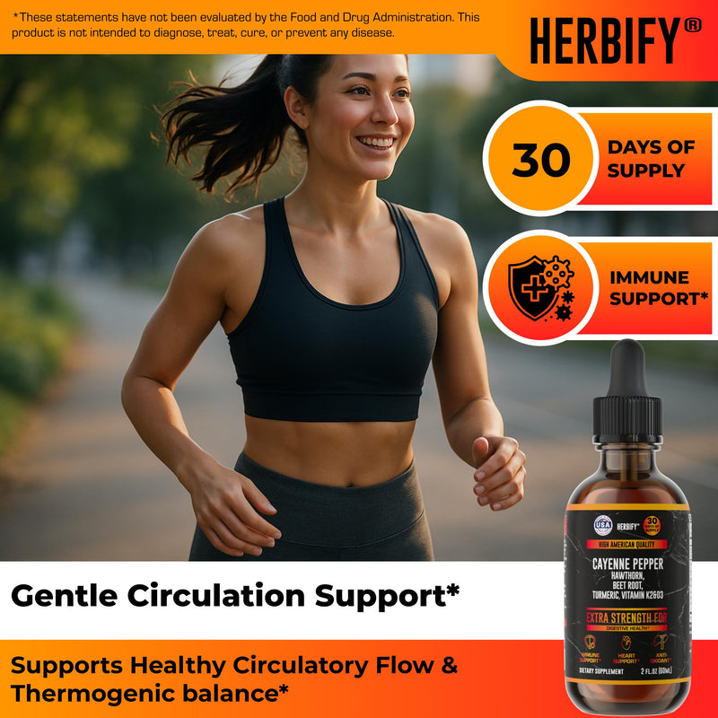 HERBIFY Cayenne Pepper Drops - Immune Support Supplement - Detox & Digestion Support - Cayenne Pepper Hawthorn Beet Root Turmeric Vitamin K2 D3 - Energy Supplements Extract - 2 Fl Oz - Made in USA