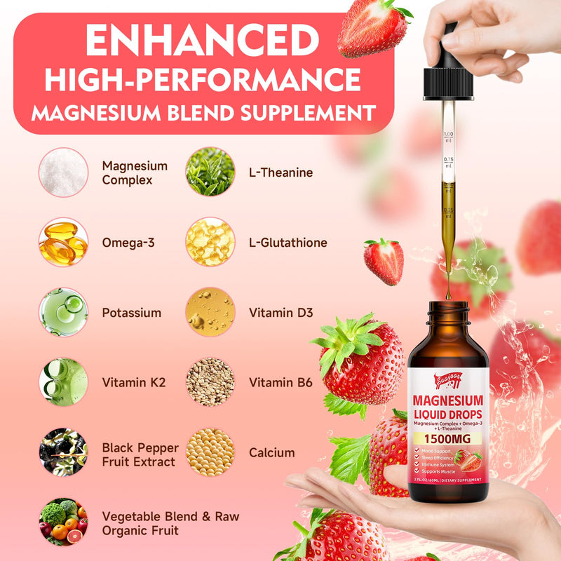 2 Pack Magnesium Glycinate Liquid Drops, 1500mg Magnesium Liquid Supplement with Vitamin B6, D3, L - Theanine, Omega3,Support Night, Muscle, Bone, Mood, Strawberry Flavor - 4 Fl Oz (120ml) Bottle 2pack