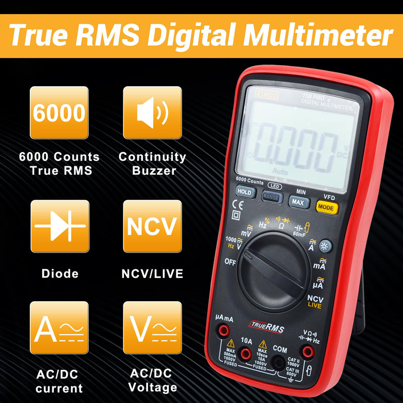ZIBOO 15B PRO True RMS Digital Multimeter,for Electrical Applications, Measures AC/DC Voltage and Current Measurements up to 1000V and 10A,Compatible with FLUKE(Optional AC Pliers) - BeesActive Australia