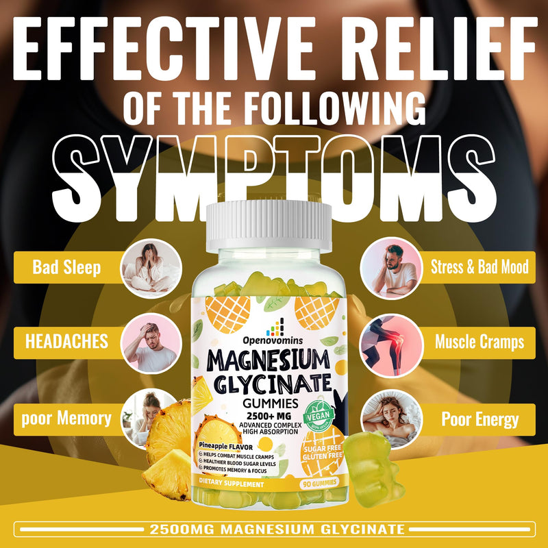 Magnesium Glycinate Gummies 2500mg - Sugar Free Magnesium Potassium Supplement with Vitamin D, B6, CoQ10 for Calm Mood & Sleep Support - 90 Pineapple Gummies 90 Count (Pack of 1)